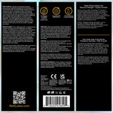 The sleek black packaging of Wet WOW "Max O" Clitoral Arousal Gel includes English and French sections on usage, ingredients, warnings, and features. It showcases body-safe icons, a QR code, and contact info in white and gold text for heightened sensations.